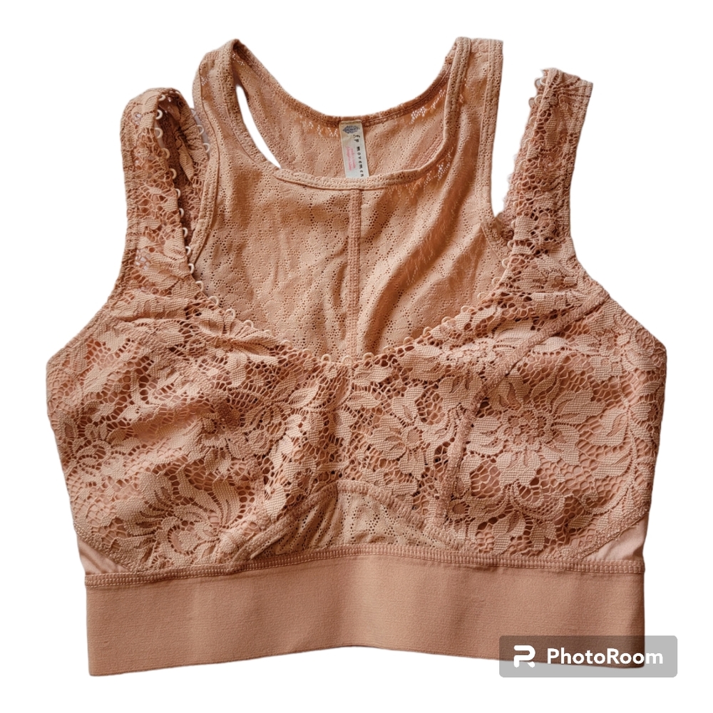 Free People Double Layer Lace Wireless Sport Bralette Nude W/Peachy Tone Size XS
